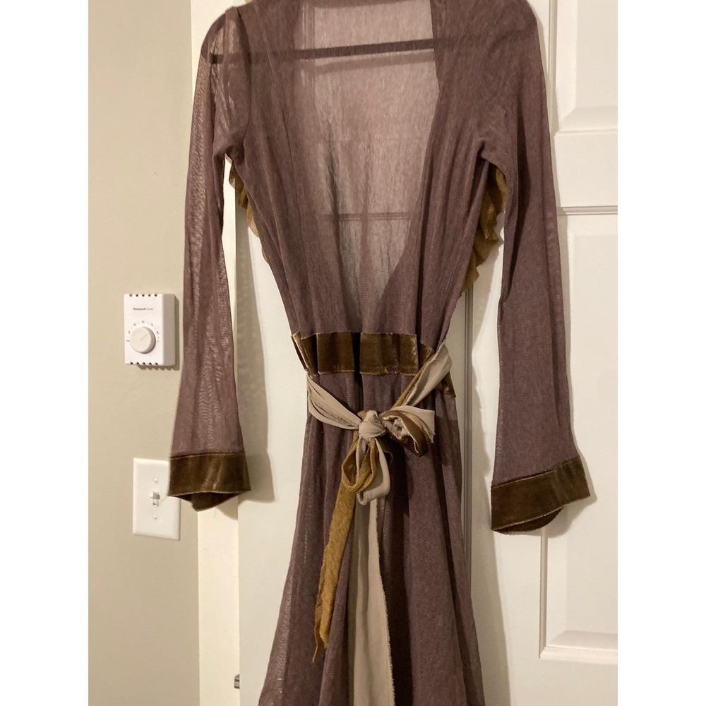 Y2K Anthro Velvet Ruffle Brown Duster Cardigan Medium Boho Luxury Fairy Grunge - Picture 8 of 9